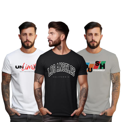 Peppyzone S to 5XL Stylish Printed Cotton Round Neck Tshirt for Men - 100% Cotton, Half Sleeve, Combo Pack of 3 T Shirts for Men