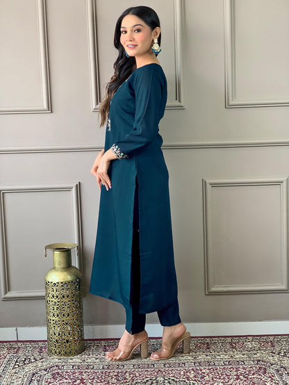 Naixa Womens Petrol Chanderi Viscose Embroidered Straight Kurta with Chanderi Viscose Pant and Cotton Laced Dupatta Sets (NX-S-