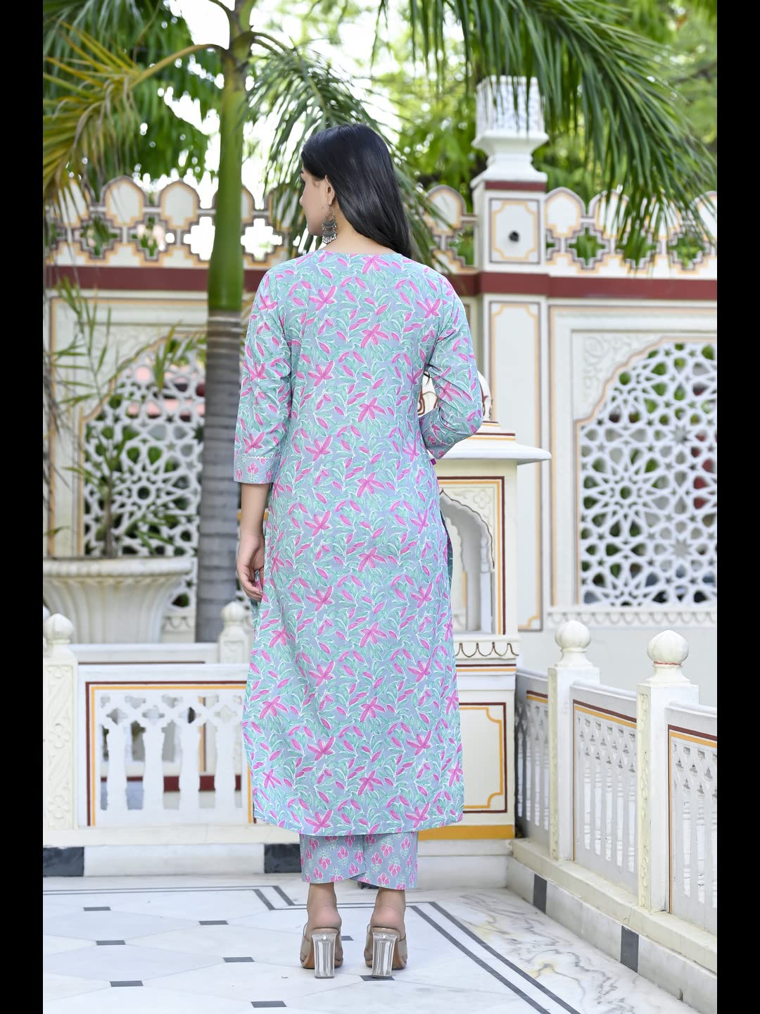 GoSriKi Women's Cotton Blend Printed Straight Kurta with Pant (Tidhara Green-CMD-GS)