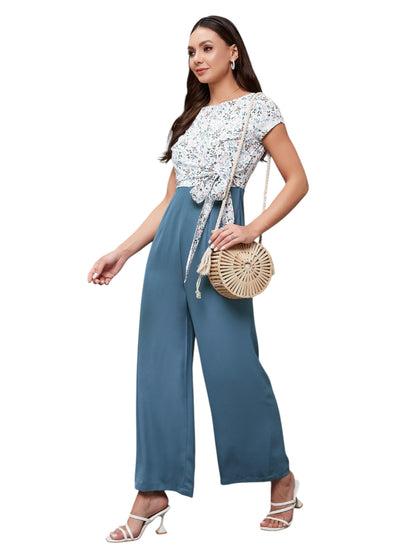 Miss Chase Womens Round Neck Short Sleeves Floral Waist Tie Up Jumpsuit (MCSS25D93-81-253-05, Multicolor Base Azure Blue, L)