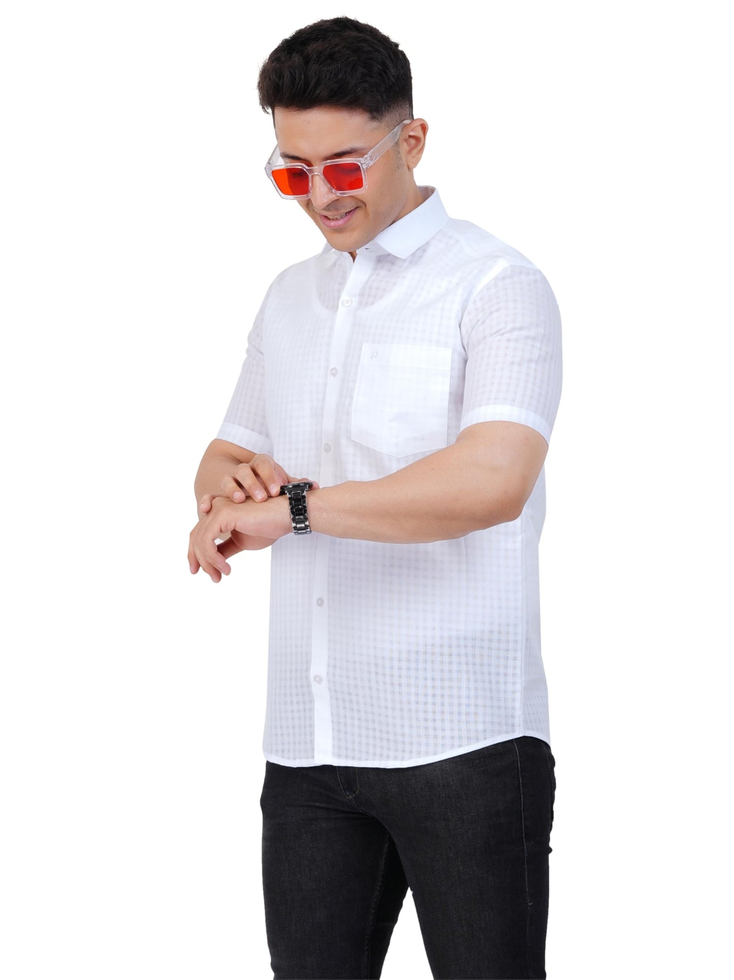 PRAKASAM COTTON Minister Cotton White Half Sleeve Shirt for Mens/Transparent Self Design Cotton White Regular Fit Shirt for Men