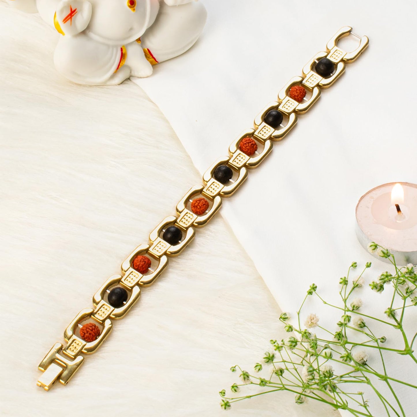Astrotalk Metal Rudraksha & Karungali Bracelet (Gold) | Spiritual Protection & Mental Peace Energy | Ebony Wood & 5 Mukhi Rudraksha Healing Bracelet for Man & Women | Gift for Man & Woman