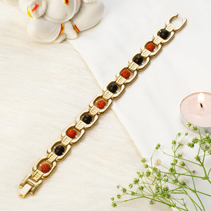 Astrotalk Metal Rudraksha & Karungali Bracelet (Gold) | Spiritual Protection & Mental Peace Energy | Ebony Wood & 5 Mukhi Rudraksha Healing Bracelet for Man & Women | Gift for Man & Woman
