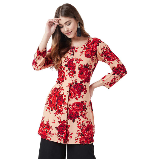 Women Beige & Red Floral Printed Tunic