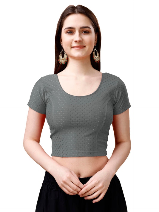 Pujia Mills WomenS Readymade Dobby Cotton Lycra Stretchable Round Neck Short Sleeve Blouse Fancy Grey Color Lycra Stretchable B