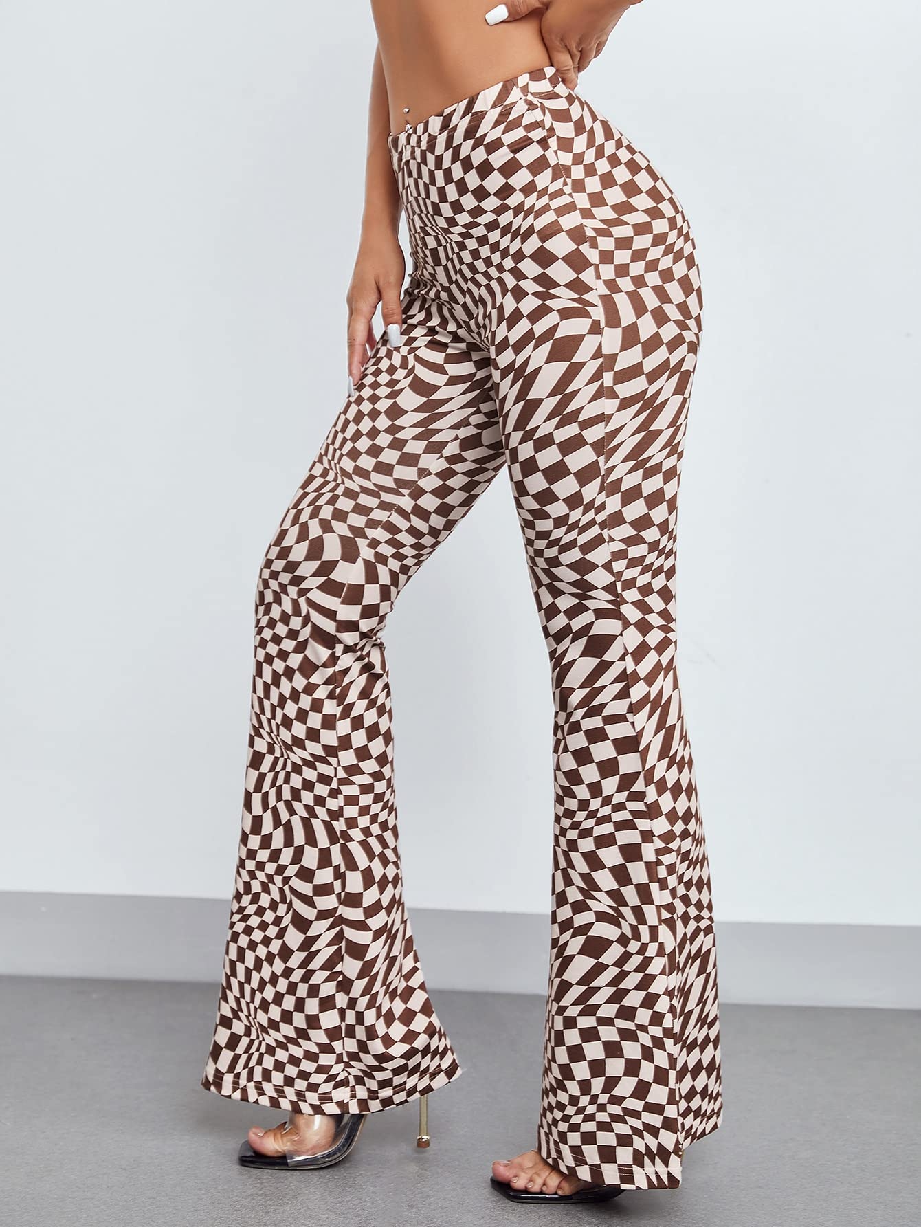 AVANOVA Womens & Girls Coffee Checkered Print Dress Pants Stretchy Work Slacks Business Casual Office Bell-Bottom/Boot-Cut Elas