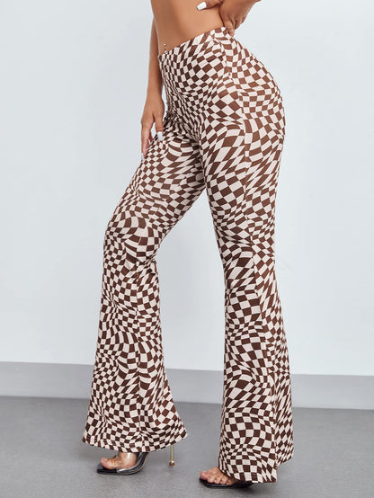 AVANOVA Womens & Girls Coffee Checkered Print Dress Pants Stretchy Work Slacks Business Casual Office Bell-Bottom/Boot-Cut Elas