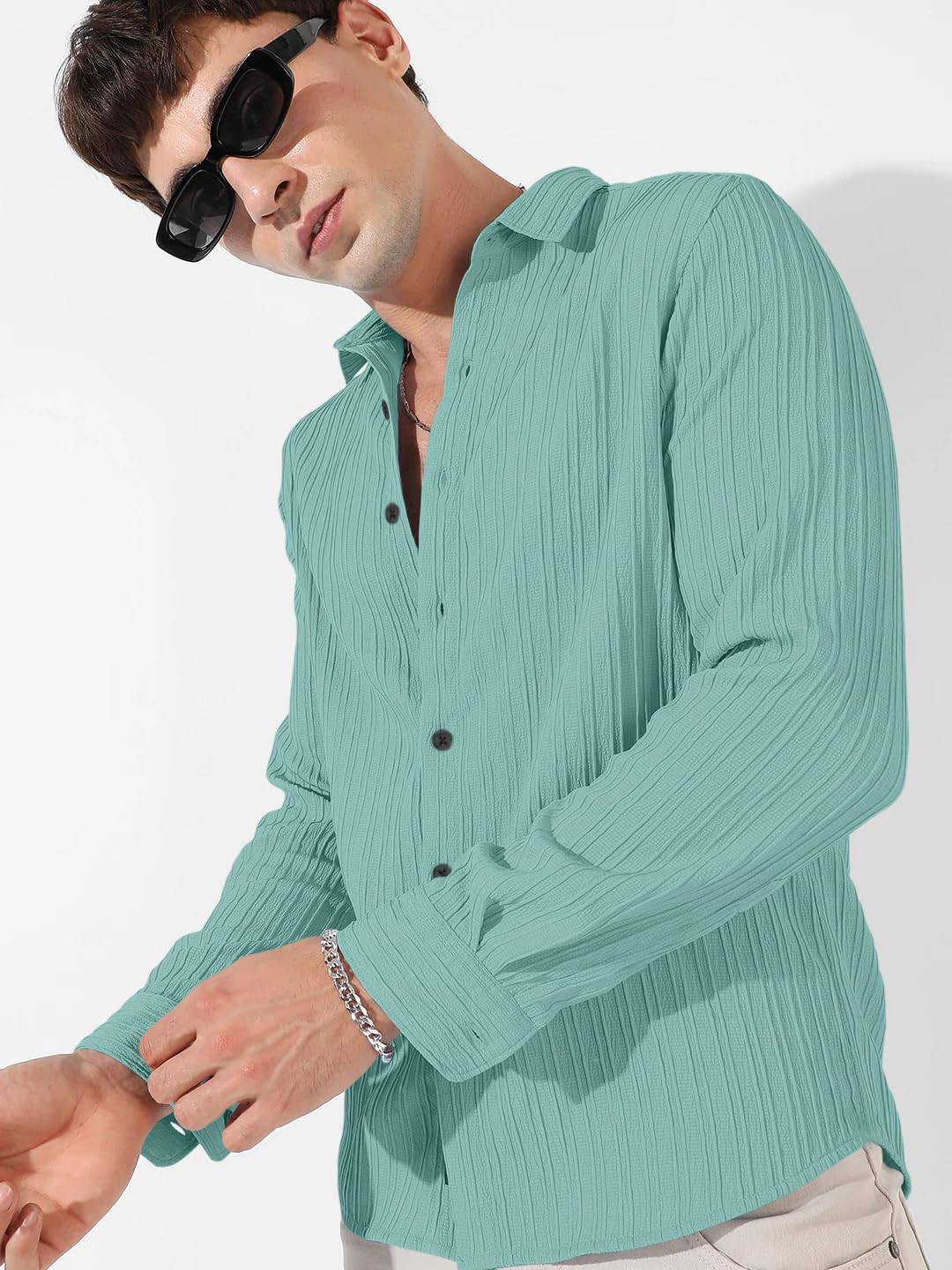 Finivo Fashion MenS Cotton Casual Striped Button Down Shirts Long Sleeve Textured Summer Beach Shirt For Men Turquoise