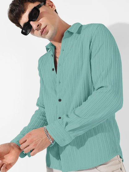 Finivo Fashion MenS Cotton Casual Striped Button Down Shirts Long Sleeve Textured Summer Beach Shirt For Men Turquoise