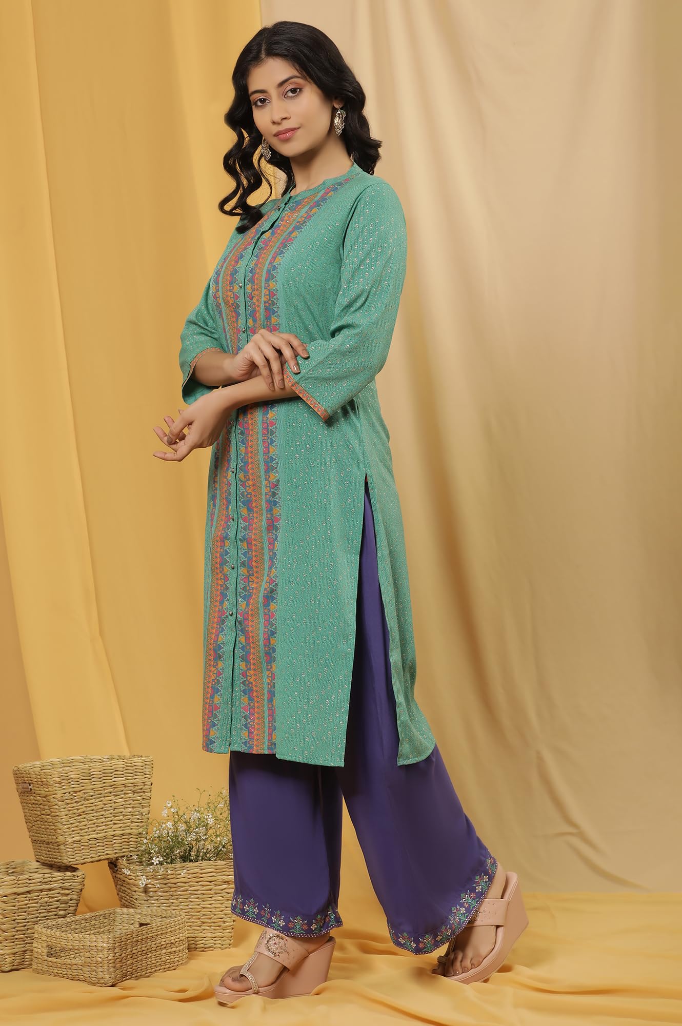 W for Woman W Women Green Festive Geometric Print American Crepe Kurta Set With Parallel Pant
