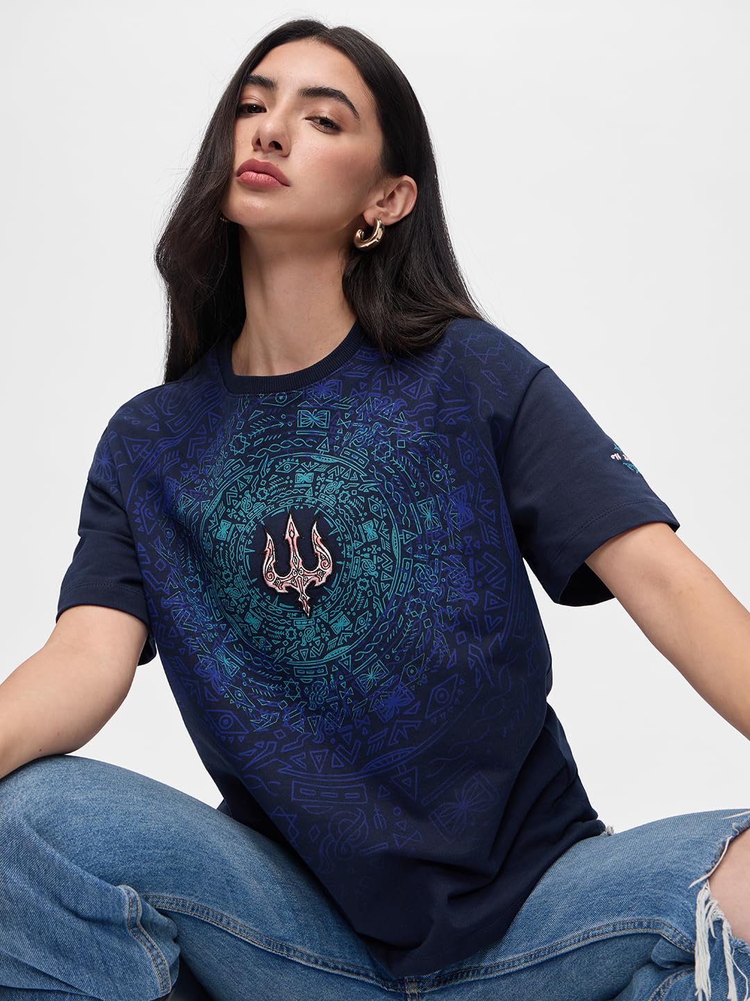 The Souled Store Trident Women and Girls Short Sleeves Round Neck Blue Embroidered Cotton Oversized T-Shirts