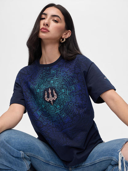 The Souled Store Trident Women and Girls Short Sleeves Round Neck Blue Embroidered Cotton Oversized T-Shirts
