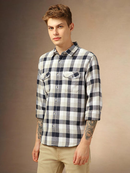 Dennis Lingo Men Relaxed Fit Cotton Full Sleeves Checks Casual Shirts Navy Blue