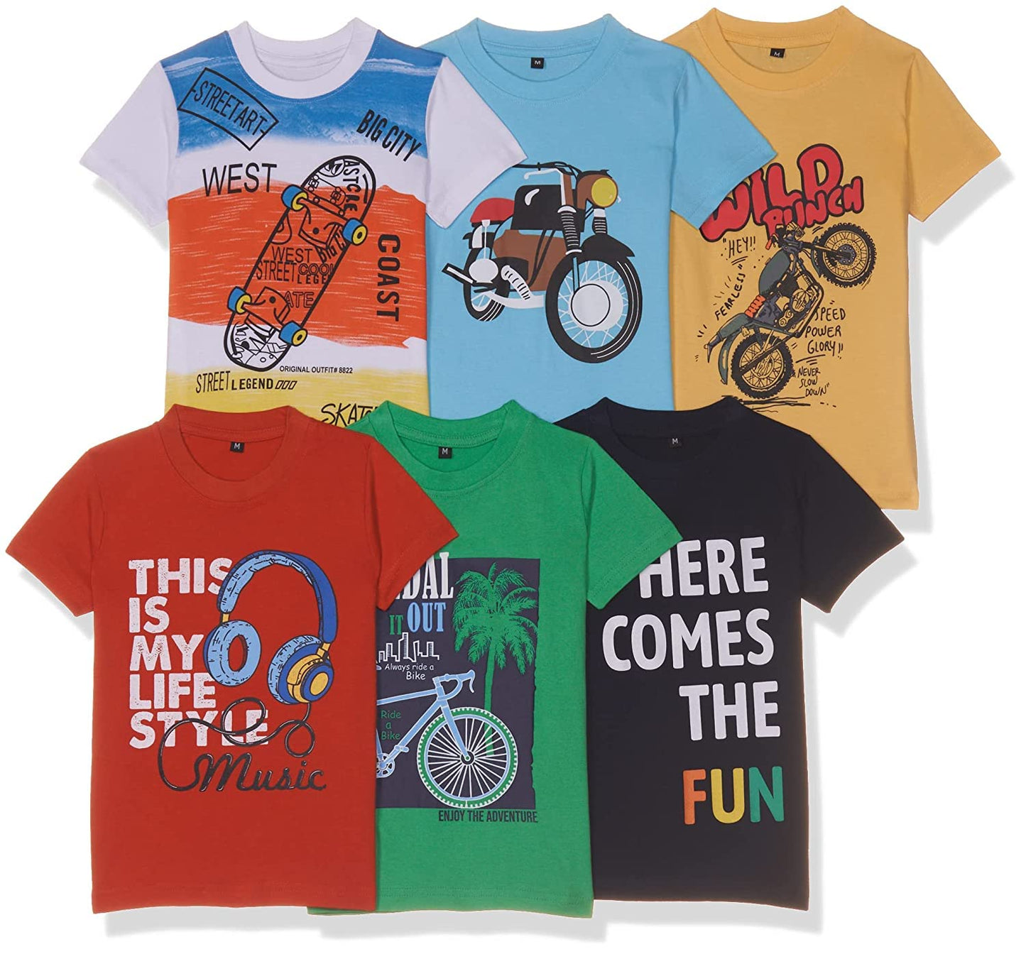 T2F Boys Cotton Printed Regular Fit T-Shirt (Pack of 6)
