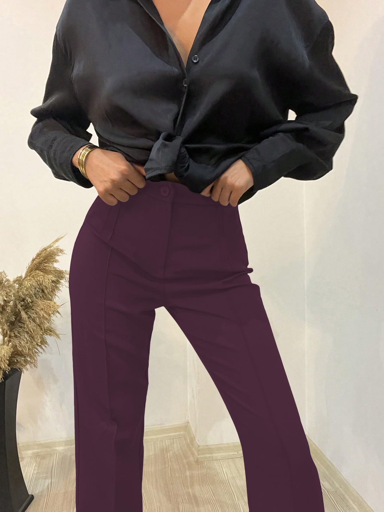 Shasmi Womens Wine High Waist Trousers, Seam Detail Straight Leg Pants & Elegant Flared Trousers, Casual & Office Wear, Spring/F