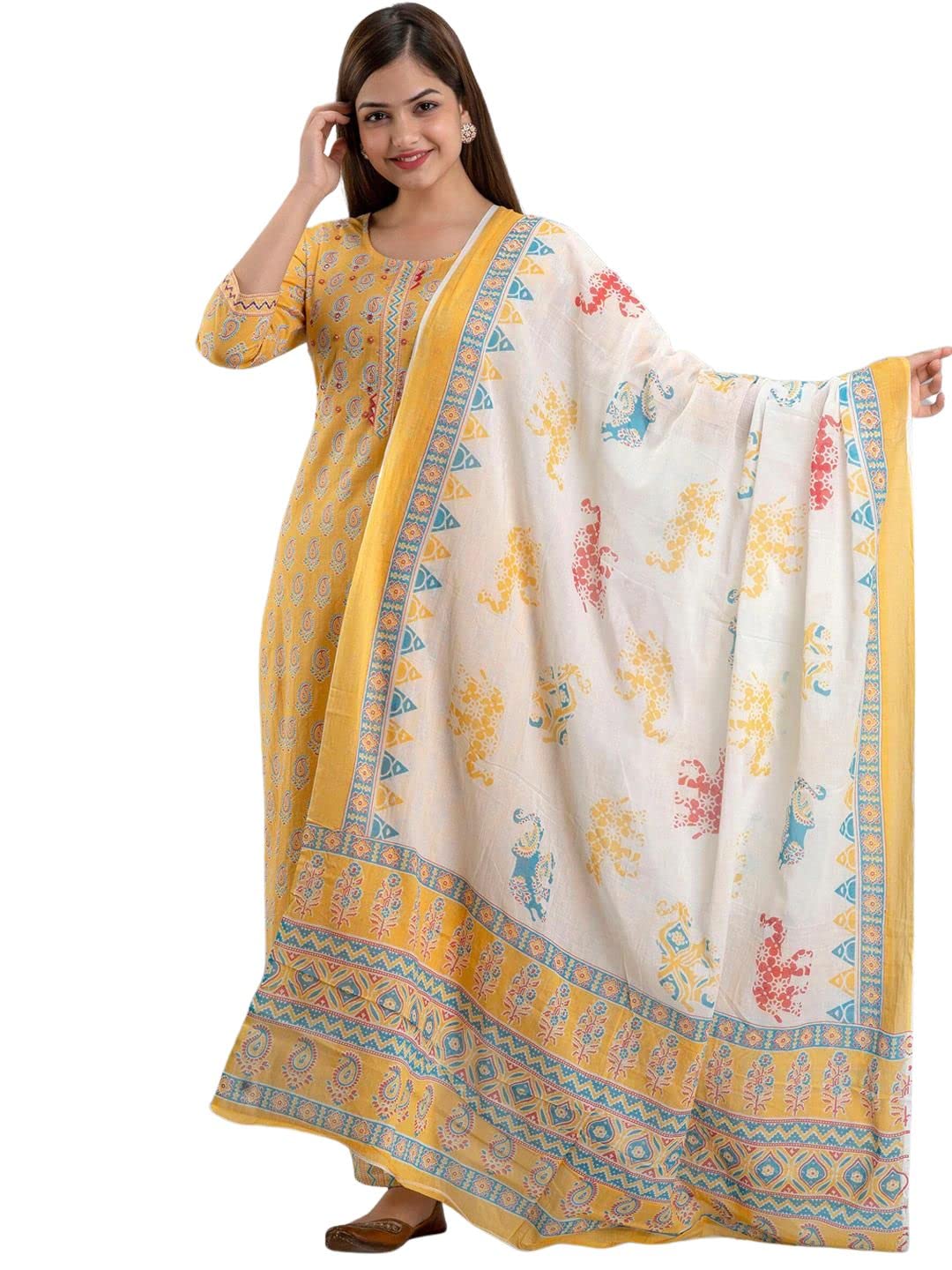 rytras Women's Rayon Printed Straight Kurti with Palazzos and Dupatta Set
