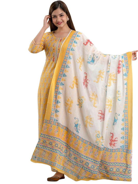 rytras Women's Rayon Printed Straight Kurti with Palazzos and Dupatta Set