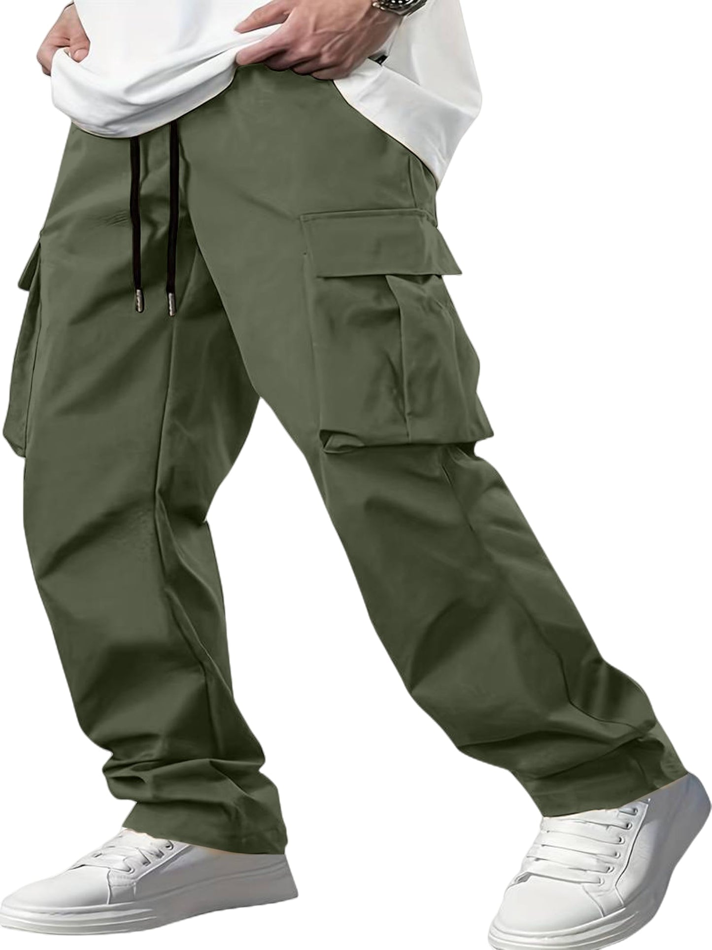 Indoprimo MenS Cotton Trousers Cargo Style With Drawstring Both Side Pockets Solid Pattern Regular Fit And Long Length Green