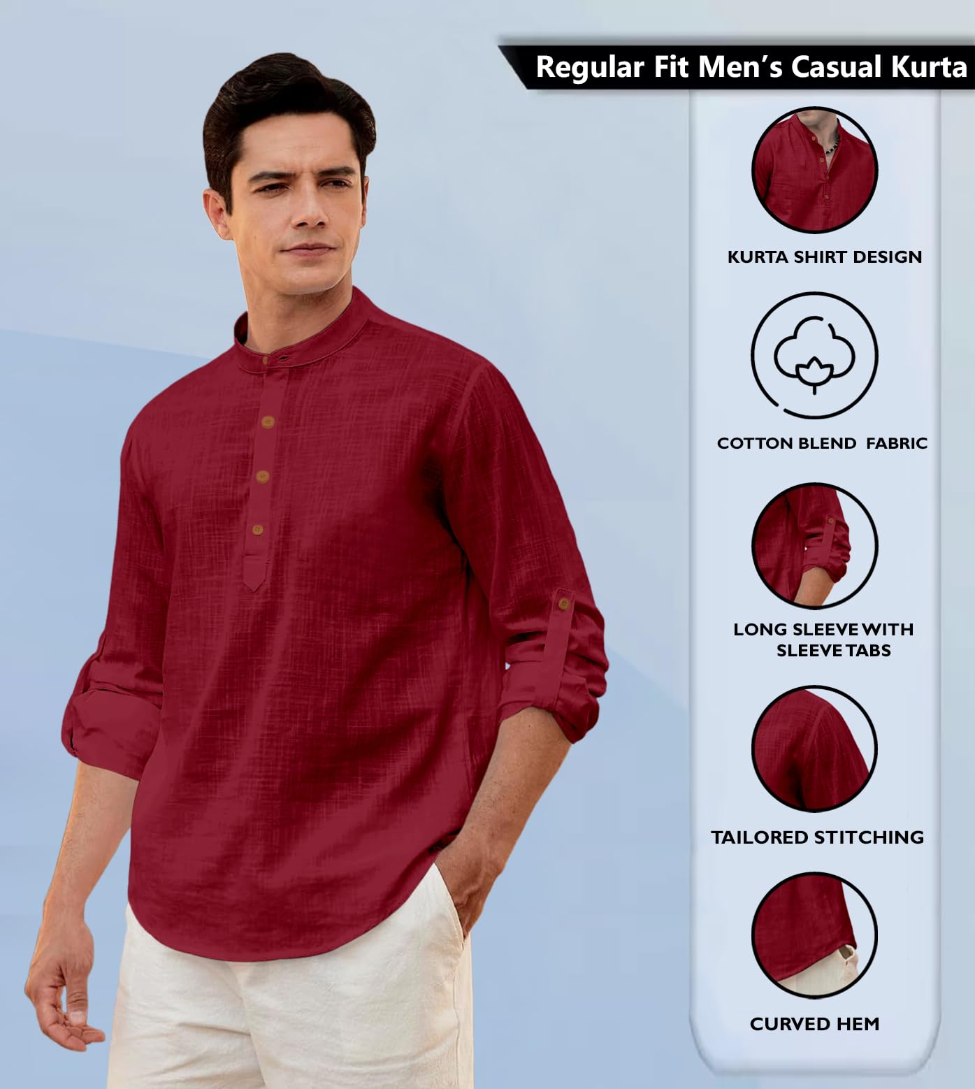 Zombom MenS Solid Cotton Blend Straight Kurta Shirt, Regular Fit Full Sleeve Short Kurta Shirt Maroon