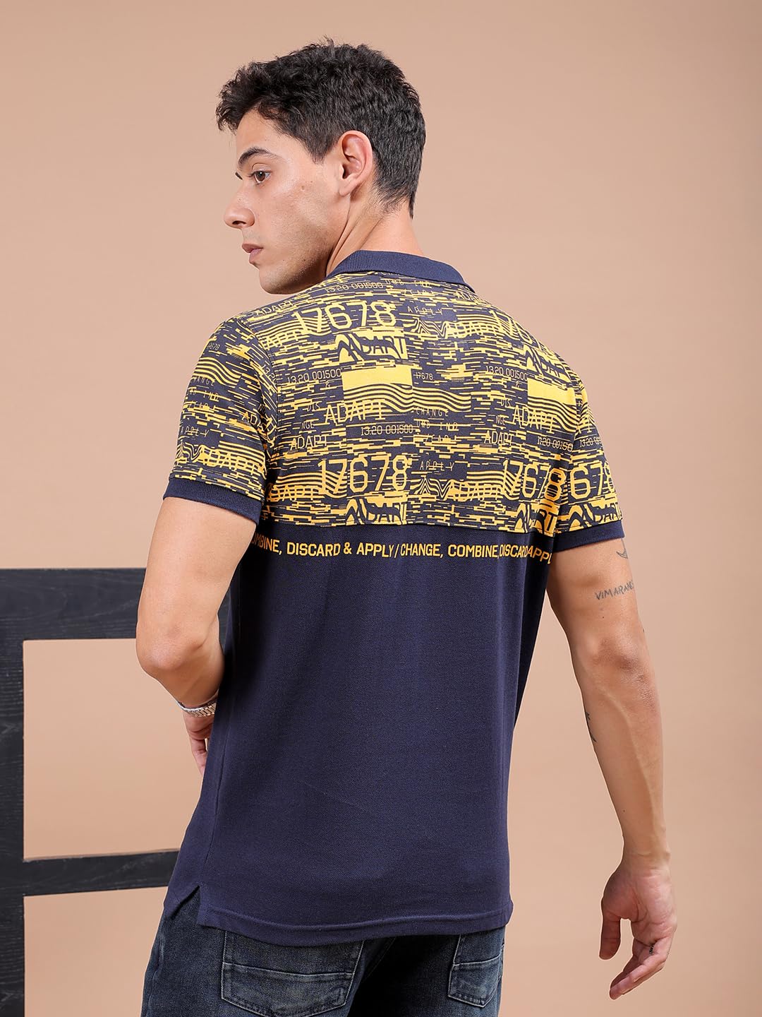 The Indian Garage Co Men Slim Fit Abstract Printed Polo Collar Tshirt Yellow
