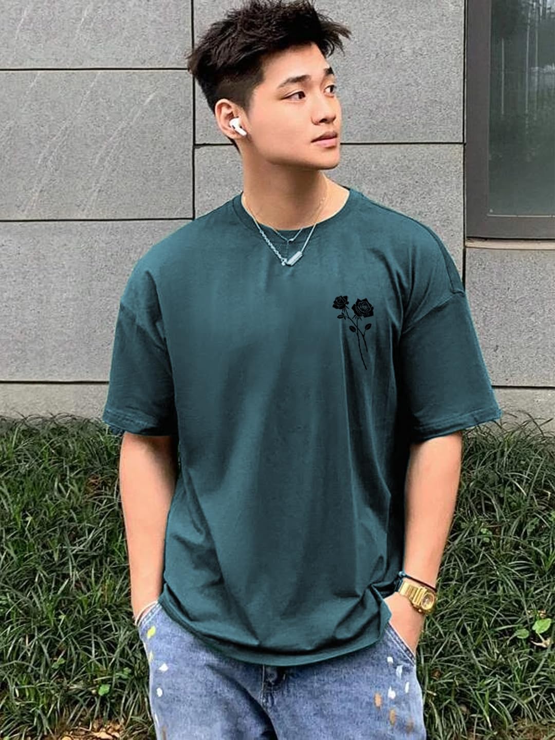 Rigo Printed Oversized T-Shirts for Men | Drop Shoulder T-Shirt for Men Teal Green