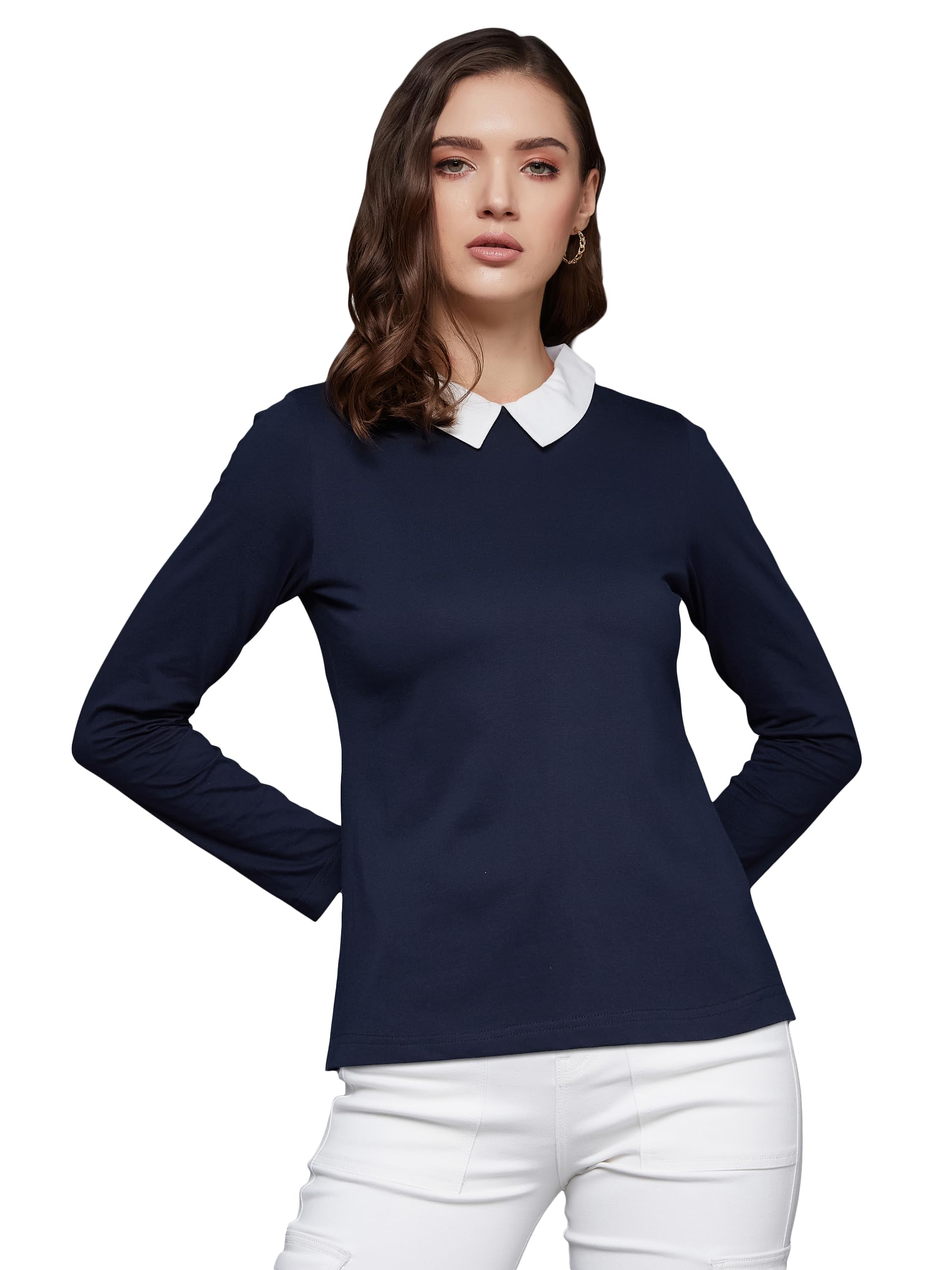 Miss Chase Womens Collared Round Neck Full Sleeve Cotton Top (MCSS25TP98-22-571-06, Dark Black, XL)