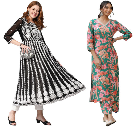 Gosriki WomenS Printed & Embroidered Kurti & Kurti Palazzo Set Combo Pack Of 2 (Kari Black & Chinki Green-Gs_Xl_Multi_X-Large)