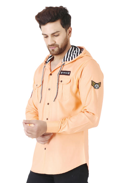 Besix MenS Orange Tailored Fit Cotton Blend Shirt For Man With Hoodie - Casual Long Sleeve Shirt With Pockets - Patch Detail Fo
