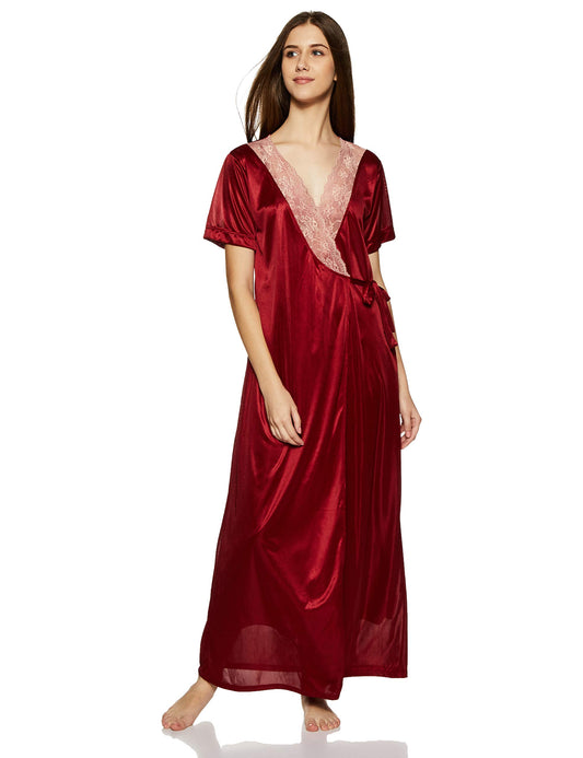Clovia Womens Satin & Lace Solid Maxi Nighty with Robe (Red_Free Size_NS0850P09-O_Red_Free Size)