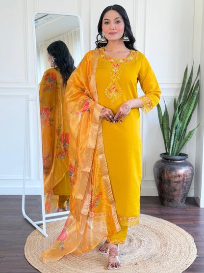 Naixa WomenS Mustard Roman Silk Embroidered Straight Kurta With Roman Silk Pant And Organza Jacquard Dupatta Sets (Nx-M-Yashvi-