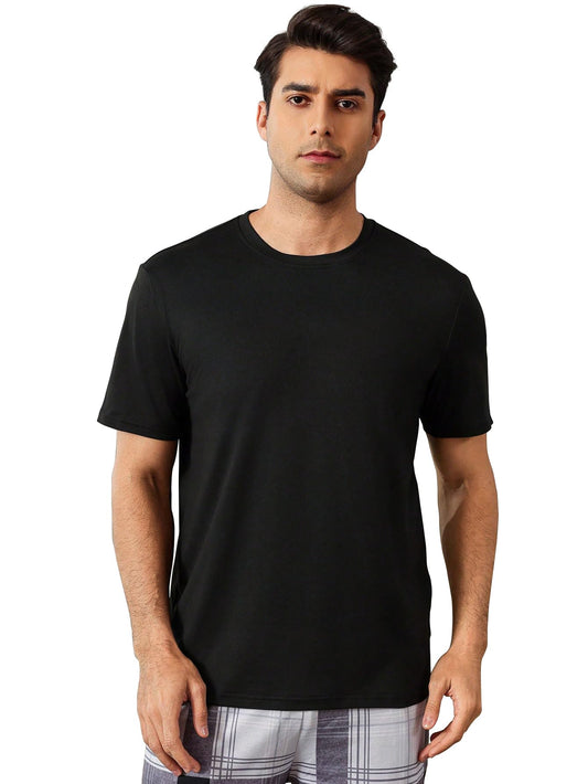 Shasmi Mens Black Rich Solid Round Neck Half Sleeve Plain Regular Fit Cotton T-Shirt l Comfortable and Versatile Fashion Tee, T