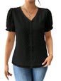 Shasmi Womens Elegant French Textured Fabric Solid Black Color Lace Panel V-Neck Jacquard Blouse,Short Puff Sleeve Tops Simple