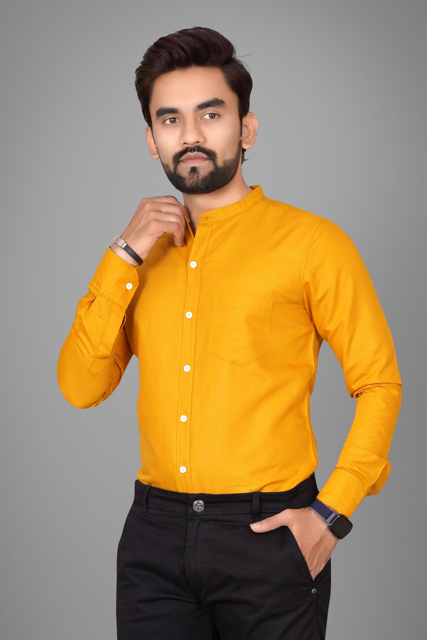 Besix MenS Cotton Solid Shirt With Mandarin Collared Full Sleeve Button Closure Curved Hem Straight Length And One Pocket | Mdr
