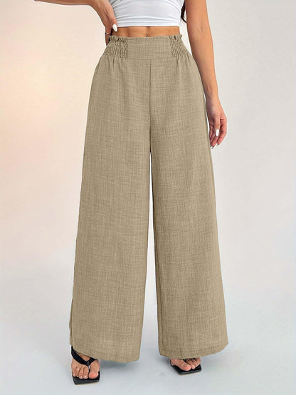 Sugathari Womens Beige Casual Wide Leg Pants  High Waist Elastic Waistband Loose Fit Long Trousers | Lightweight Straight Leg S