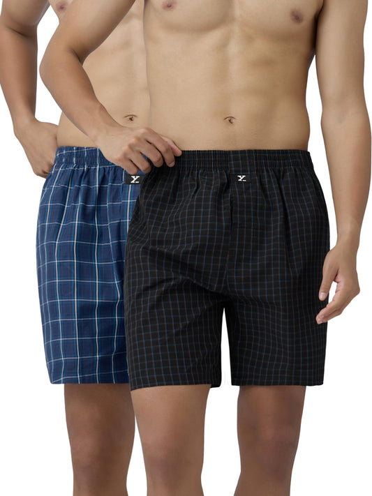 XYXX Mens Super Combed Cotton Checkmate Boxer Shorts Elasticated Waist, Drawstring | Loungewear for Men Pack of 2 (XL; Multi Bl