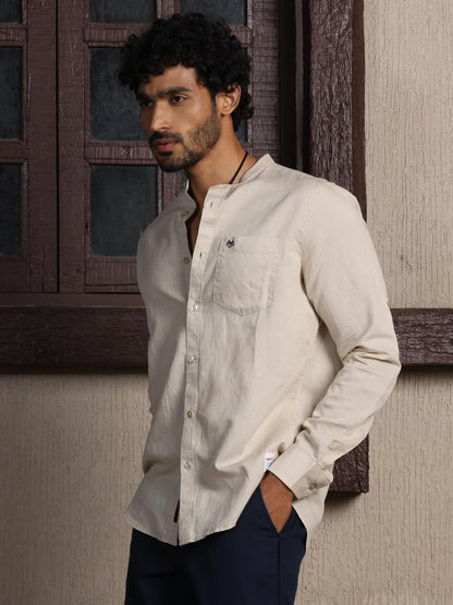 Thomas Scott 100% Cotton Linen Mandarin Collar Roll Up Sleeve Casual Shirts for Mens Beige