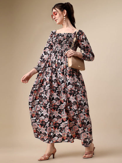 Sheetal Associates WomenS Floral Printed Crepe Full Length Dress Black