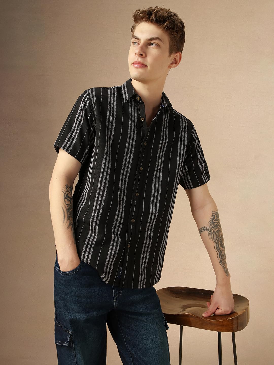 Dennis Lingo MenS Black Polycotton Spread Collar Short Sleeves Striped Shirts