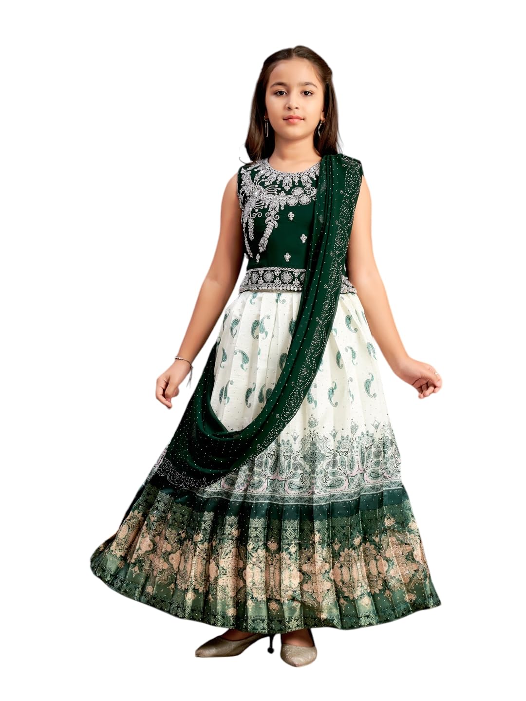 Aarika Girls Ethnic Wear Dark Green-Cream Colour Mirror Embroidery Georgette Lehenga Choli Set With Attached Dupatta-4-15 Years
