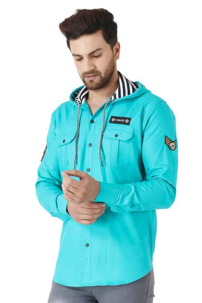 Besix MenS Green Tailored Fit Cotton Blend Shirt For Man With Hoodie - Casual Long Sleeve Shirt With Pockets - Patch Detail For