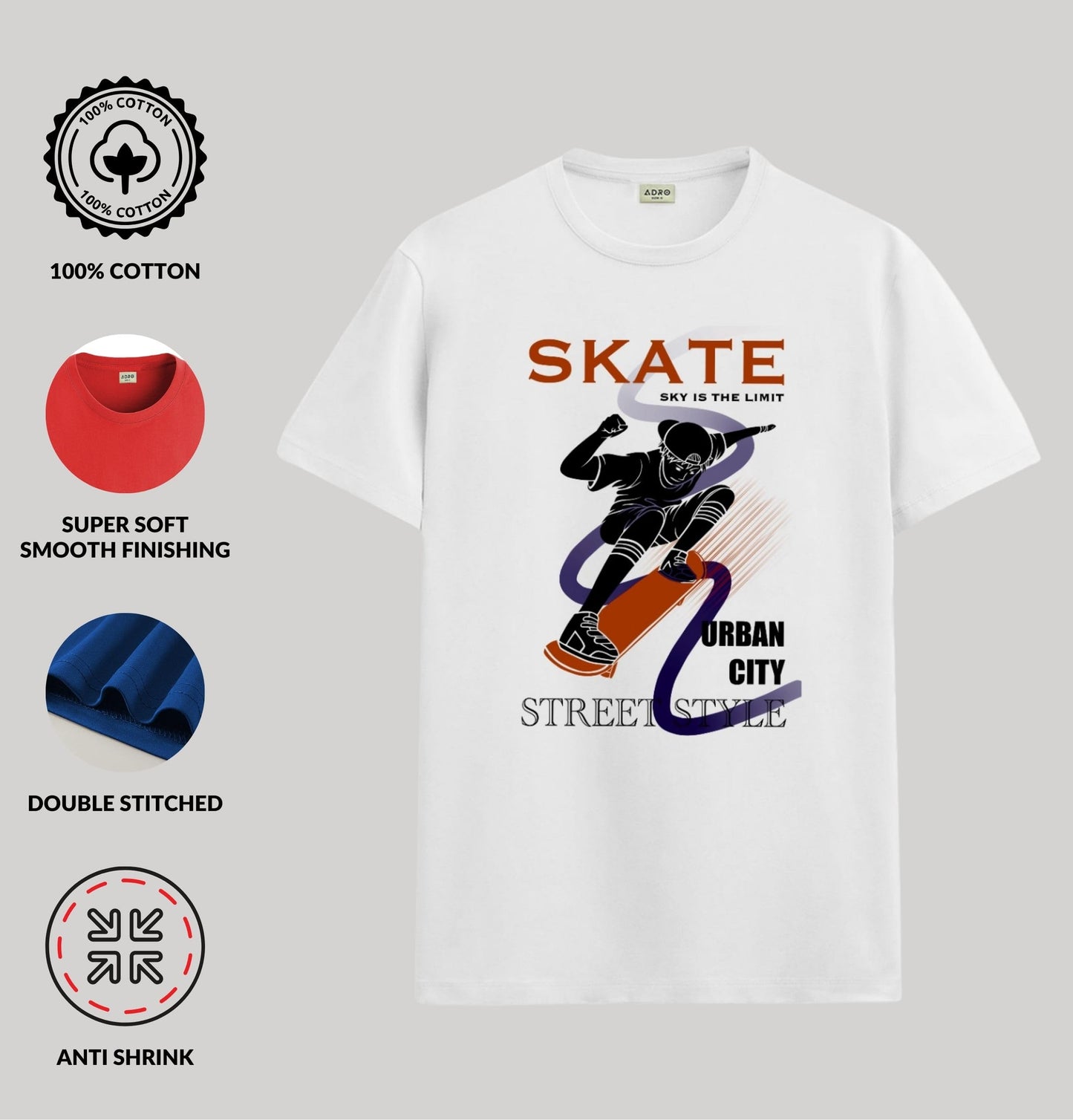 ADRO T Shirts for Boys & Girls | Skate Street Style Printed T-Shirt | Ages 3-14 | 100% Cotton Round Neck Tshirt for Boys |KRN-L2