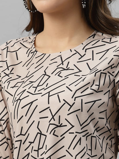 Style Quotient Women Nude and Black Abstract Printed Polyester Smart Casual Top