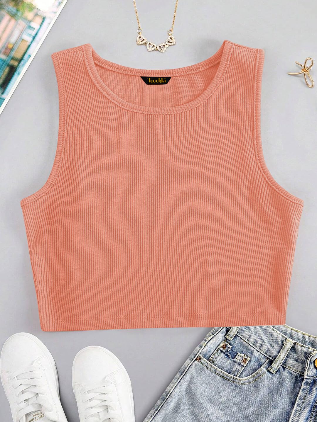Toochki Tops for Woman | Spandex Top | Crop | Short | Western | for Jeans | Sleeveless | Stretchable | Dark Orange