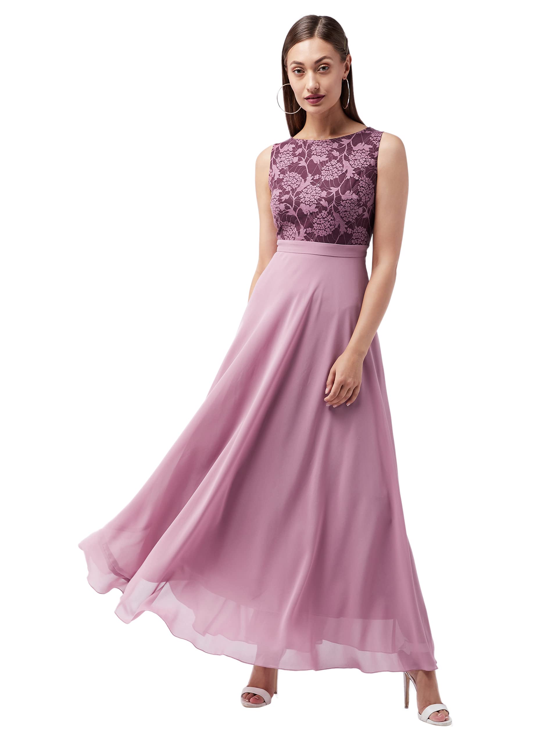 Miss Chase WomenS Round Neck Sleeveless Georgette Floral Lace Fit & Flare Maxi Dress Lavender