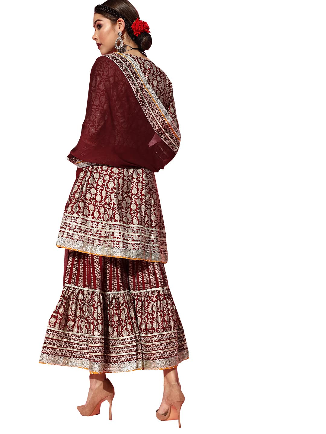 ishin Women's Art Silk Maroon Embroidered Anarkali Peplum Kurta Set with Sharara and Dupatta