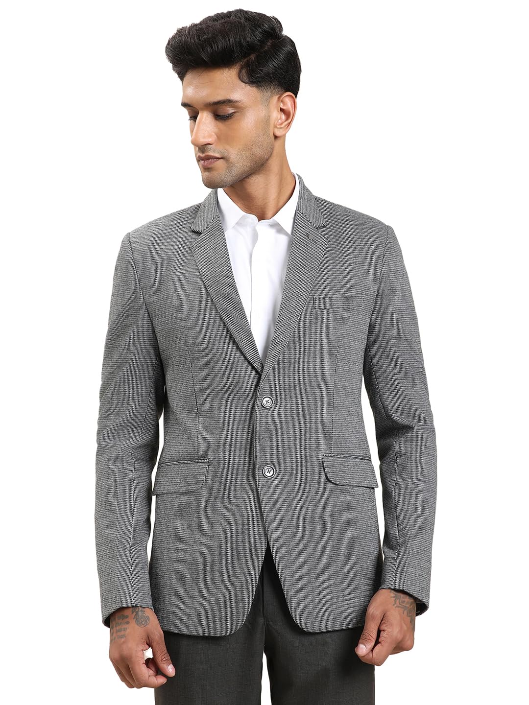 Turtle Men Knitted Grey Self Design Tailored Fit Blazer
