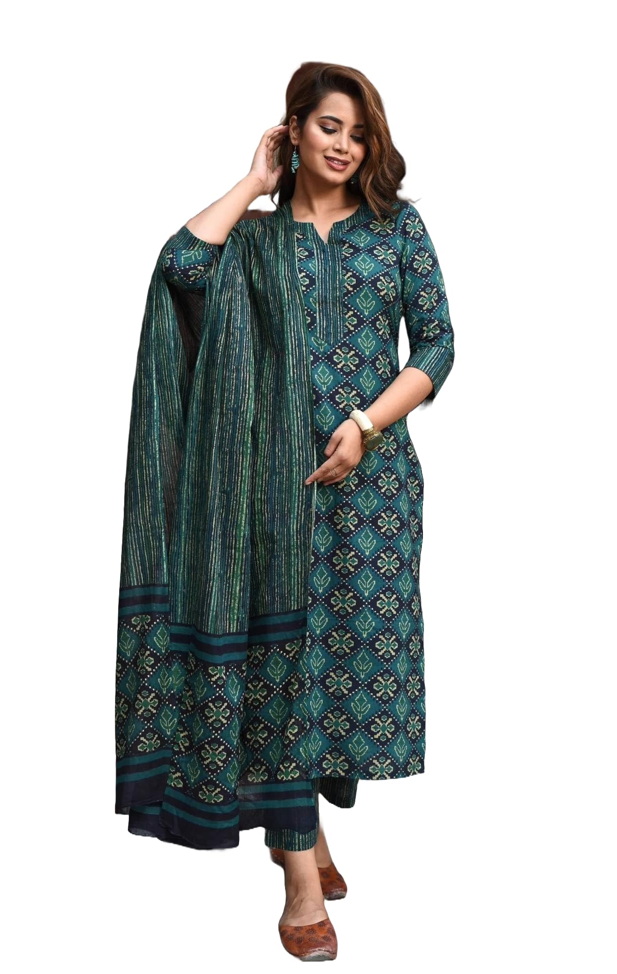 LookMark Womens Printed Cotton Blend Straight Kurta Pant Dupatta Set - Stylish Ethnic Wear for Women (AZ-LM-OG-KS2116-S) Green