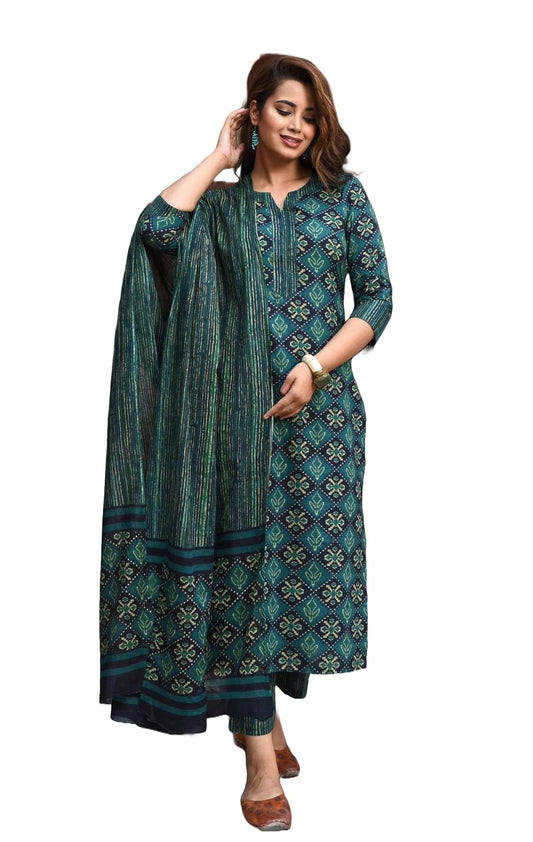 LookMark Womens Printed Cotton Blend Straight Kurta Pant Dupatta Set - Stylish Ethnic Wear for Women (AZ-LM-OG-KS2116-S) Green