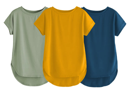 Fabricorn Combo Of Three Plain Mustard Yellow, Sage Green And Airforce Blue Round Neck Up And Down Cotton Tshirt For Women (Must