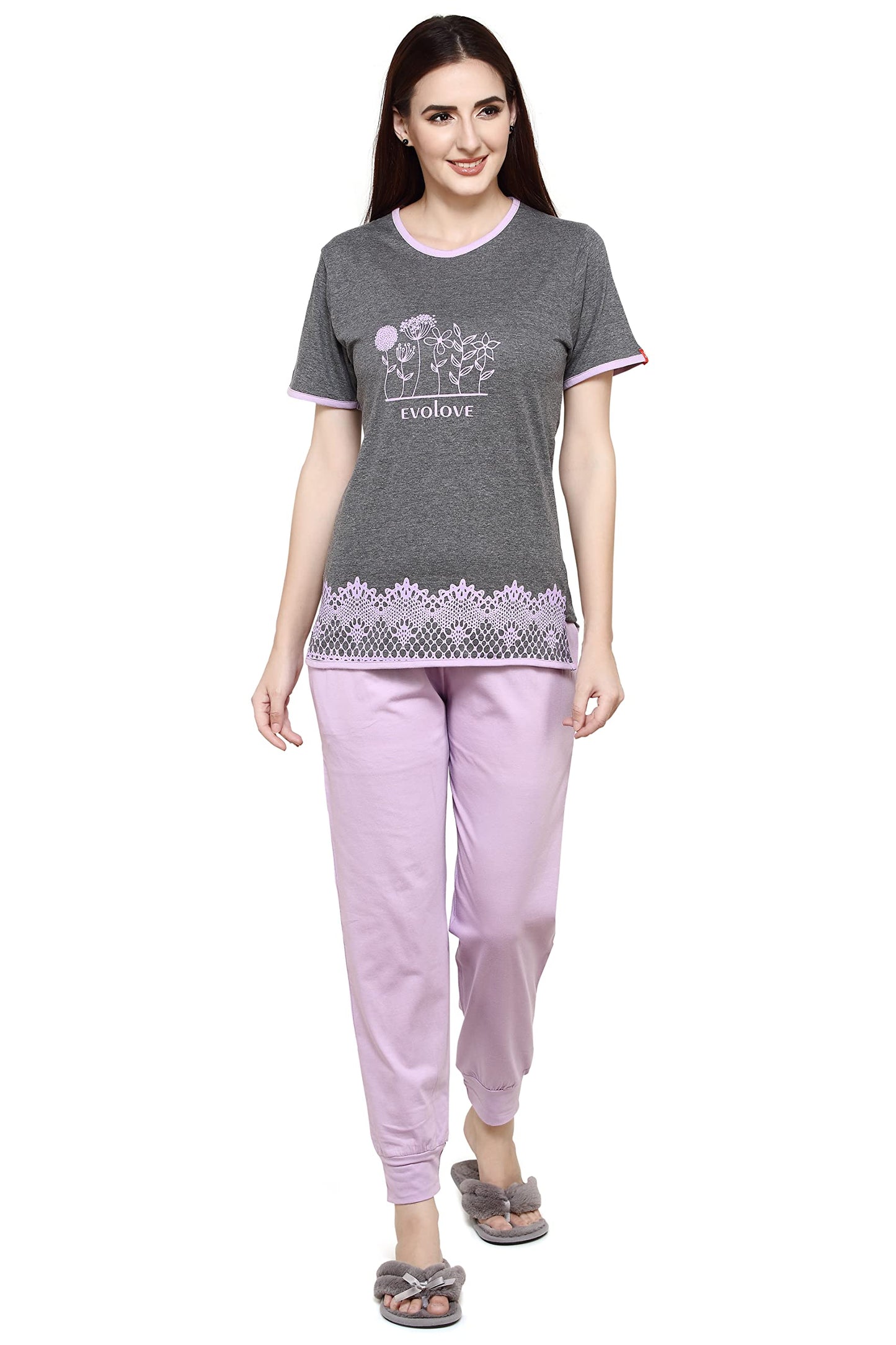 Evolove WomenS Cotton Round Neck Short Sleeves Night Suit Set/Top Pyjama Set Super Soft Comfortable (Light Purple, Npskn1460Pe-